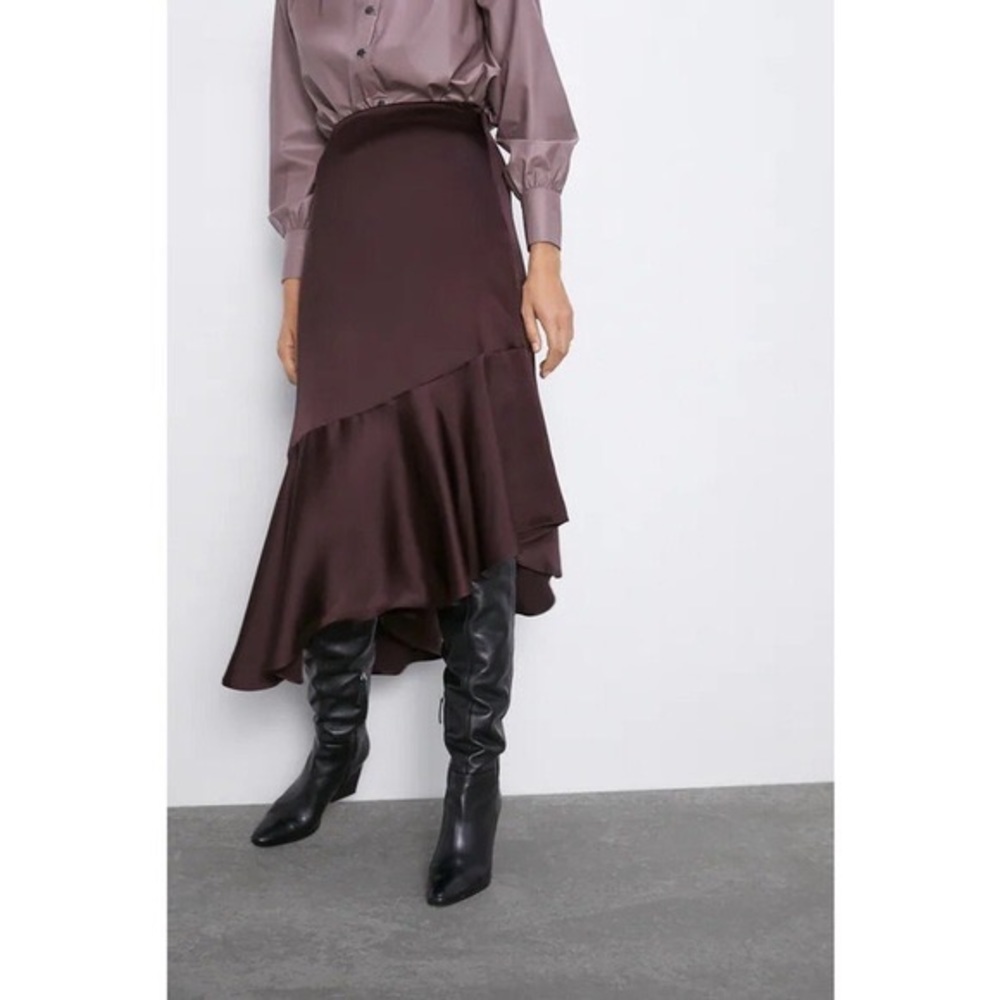 Zara Asymmetrical Ruffle Hem Satin  Skirt size M